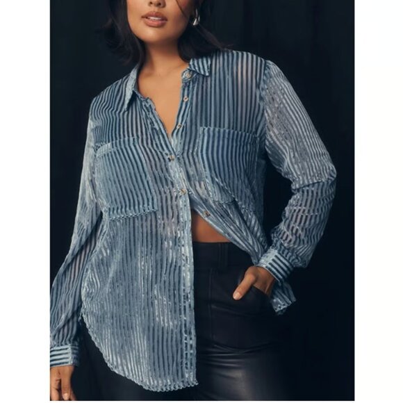 Pilcro Tops - NWOT Anthropologie Pilcro Blue Velvet Burnout Striped Blouse Size Medium